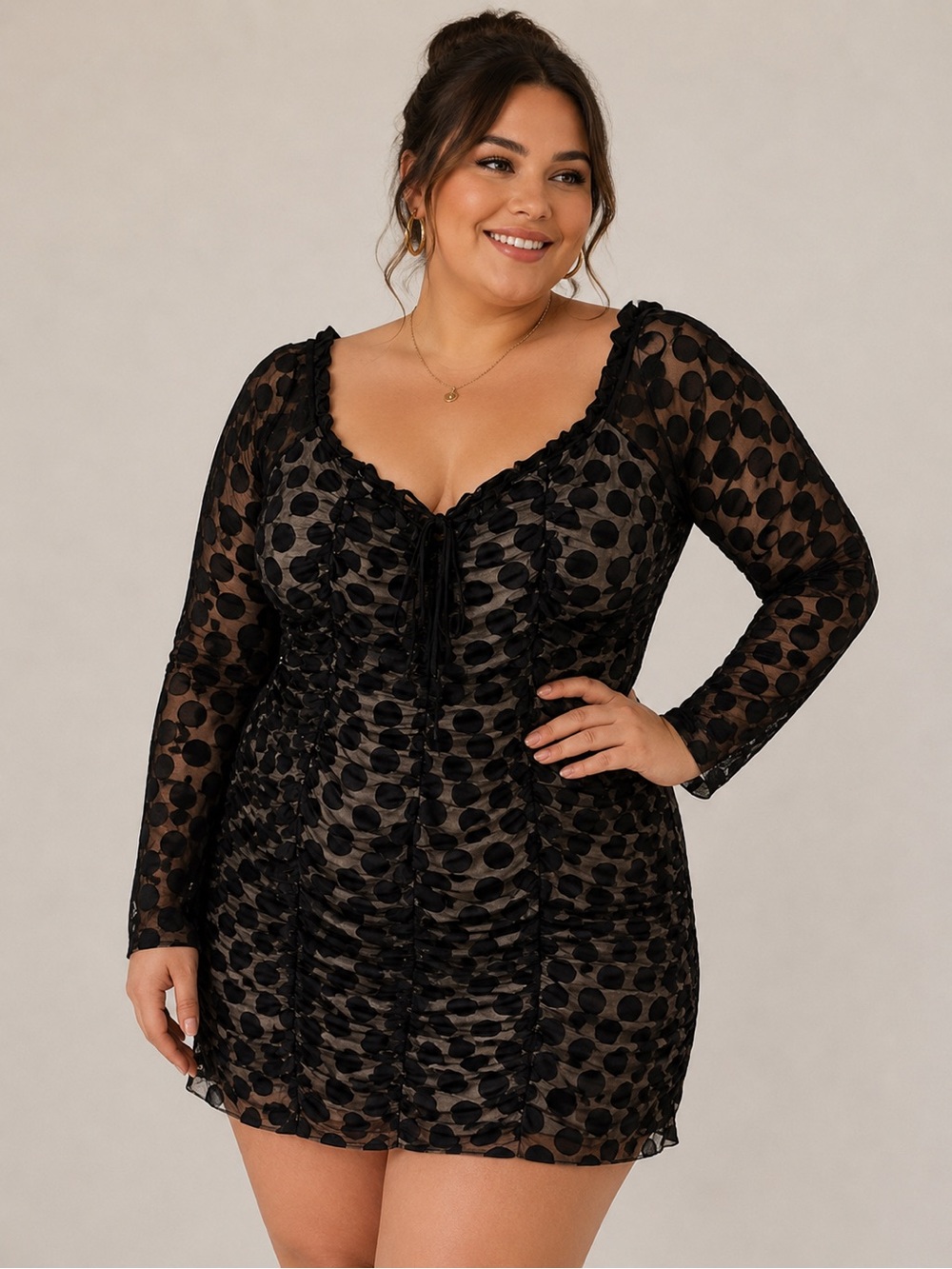 M.N.I. Los Angeles Black Polka Dot Off The Shoulder Ruched Mesh Mini Dress
